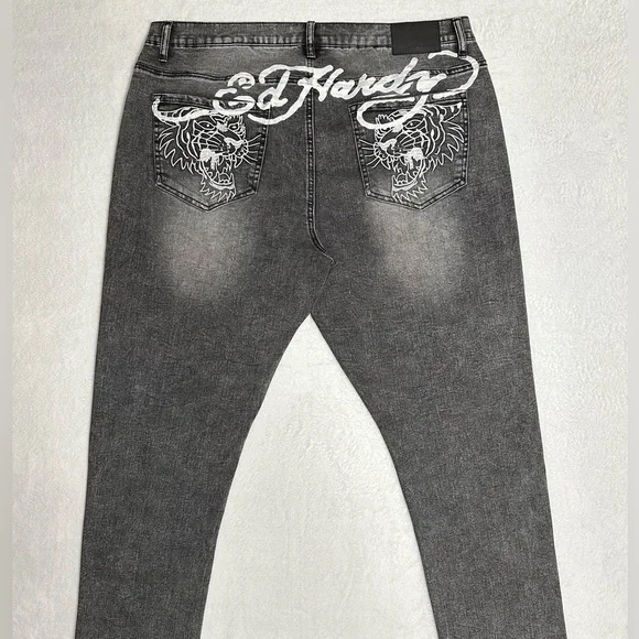 Ed Hardy Tiger Men's Jeans Slim Taper 39 x 31 Black/Grey Zipper-fly NWOT - Picture 3 of 15